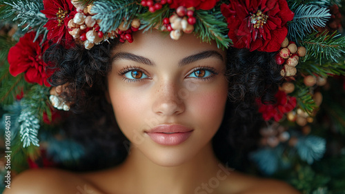 A young woman with a Christmas wreath on her head.