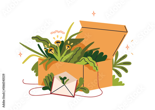Eco-friendly cardboard box with green leaf plants, flowers inside. Biodegrada...