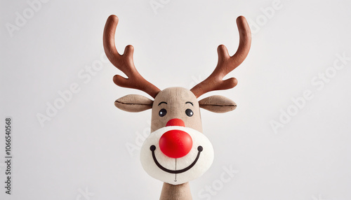 Adorable reindeer face illustration in a simple, playful, and cartoonish style, featuring a bright red nose, set against a soft, pastel winter background. 