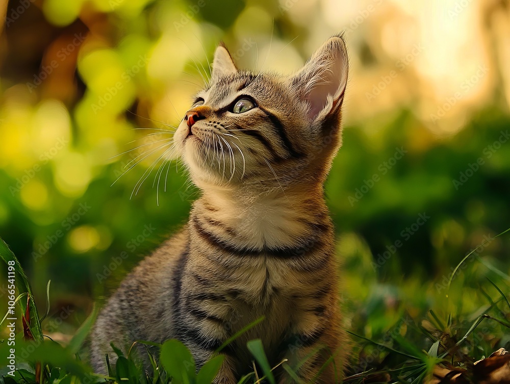Naklejka premium A small kitten sitting in the grass looking up at something