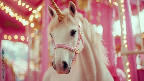 Close-up portrait of a unicorn against a pink background, capturing the whimsical essence of a unicorn in a carnival setting with abundant copy space for creativity.