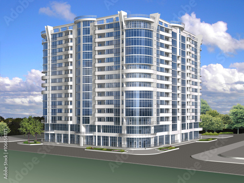 High-rise residential building. 3D graphics, 
architectural project. Modern architecture. 
Light beautiful building.