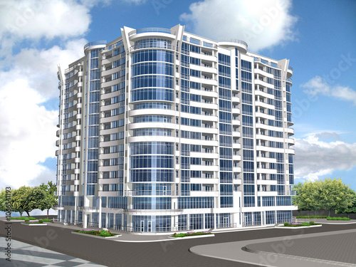 High-rise residential building. 3D graphics, architectural project. Modern architecture. Light beautiful building.