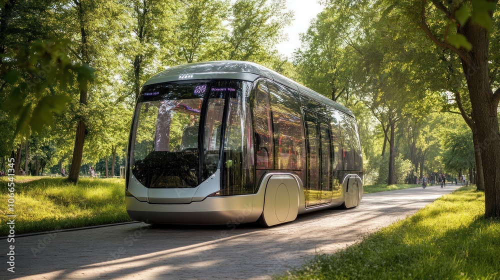 Fototapeta premium Public transport innovation hub showcasing electric buses and autonomous vehicles