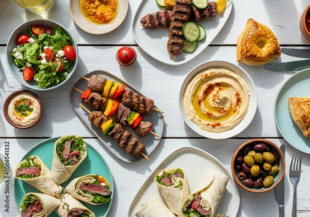 A vibrant and colorful Mediterranean feast featuring a variety of dishes. A vibrant and colorful Mediterranean feast featuring a variety of dishes.