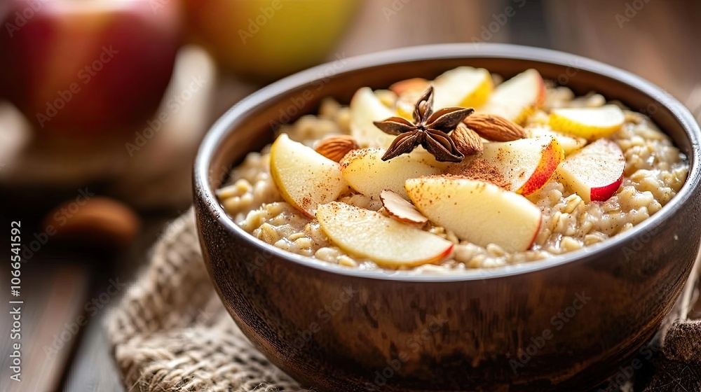 A bowl of oatmeal is filled with apple pieces and almonds, complemented by fresh apple slices and cloves, perfect for a wholesome breakfast. Ample copy space is available. A bowl of oatmeal is filled with apple pieces and almonds, complemented by fresh apple slices and cloves, perfect for a wholesome breakfast. Ample copy space is available.