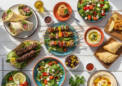 A vibrant and colorful Mediterranean feast featuring a variety of dishes.