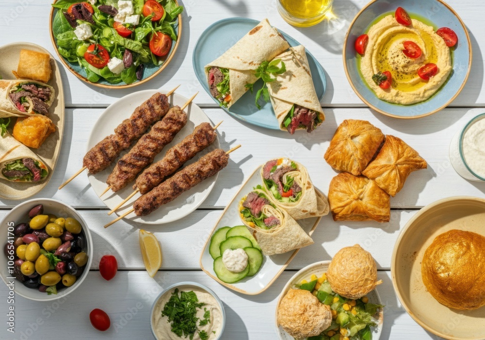 A vibrant and colorful Mediterranean feast featuring a variety of dishes.