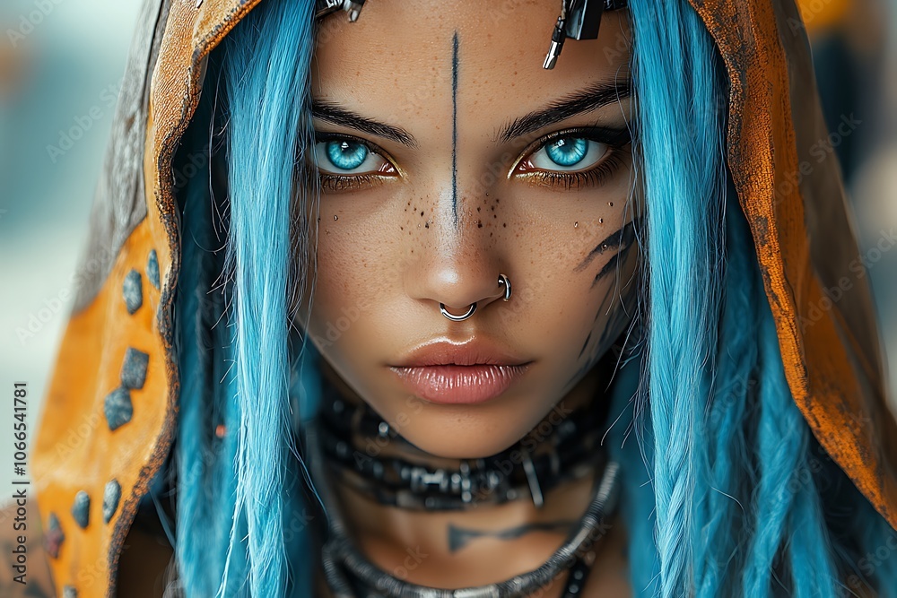 Portrait of a captivating cyberpunk woman with striking blue hair and eyes.