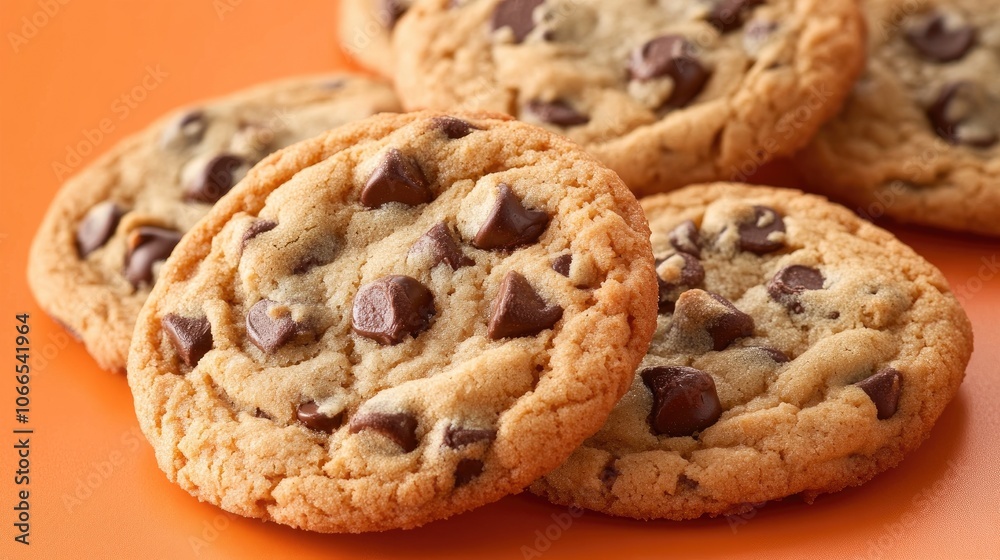 Mouthwatering chocolate chip cookies arranged on a bright orange background, perfect for emphasizing the deliciousness of these chocolate chip cookies, with ample copy space. Mouthwatering chocolate chip cookies arranged on a bright orange background, perfect for emphasizing the deliciousness of these chocolate chip cookies, with ample copy space.