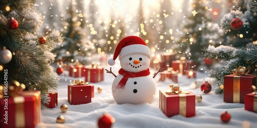 A delightful Christmas background featuring a snowman wearing a Santa hat, surrounded by presents and trees, all set against a backdrop of gently falling snowflakes.