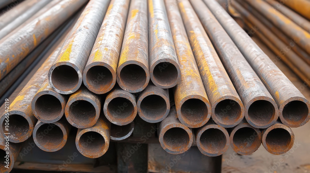 Close-Up of Polished Steel Rods Stacked in an Industrial Setting, Highlighting Smooth Surface and Metallic Finish for Manufacturing Use Close-Up of Polished Steel Rods Stacked in an Industrial Setting, Highlighting Smooth Surface and Metallic Finish for Manufacturing Use