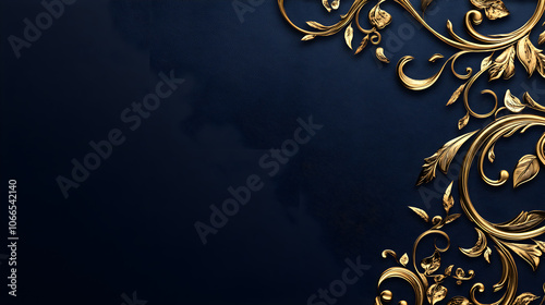 Ornate gold filigree pattern on dark blue background, elegant design photo