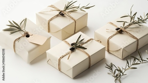 Vintage mock-up branding design featuring three distinctive gift boxes, adorned with paper craft tags and dry olive twigs, set against a clean white background with ample copy space.