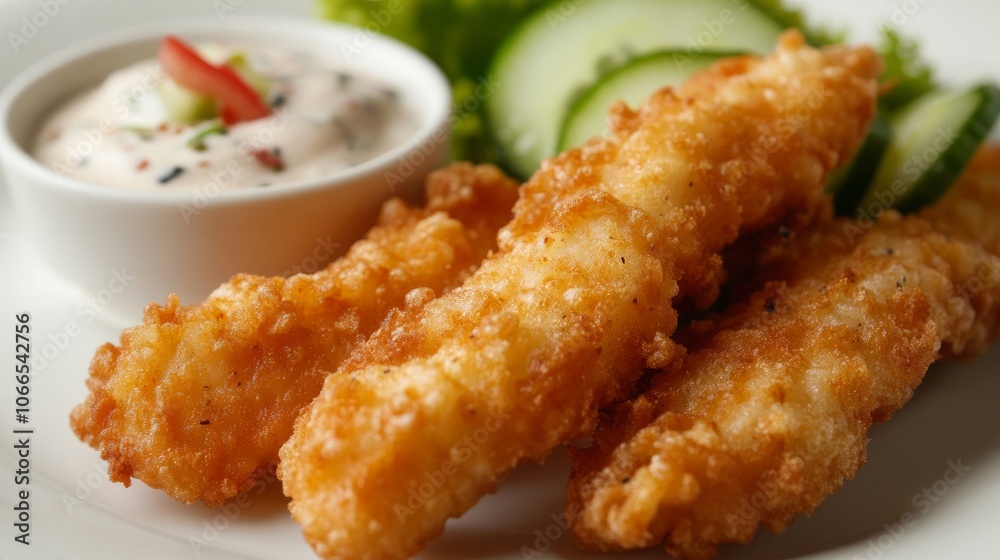 Crispy fish strips accompanied by chunks of acidic cucumber and a creamy dip Crispy fish strips accompanied by chunks of acidic cucumber and a creamy dip