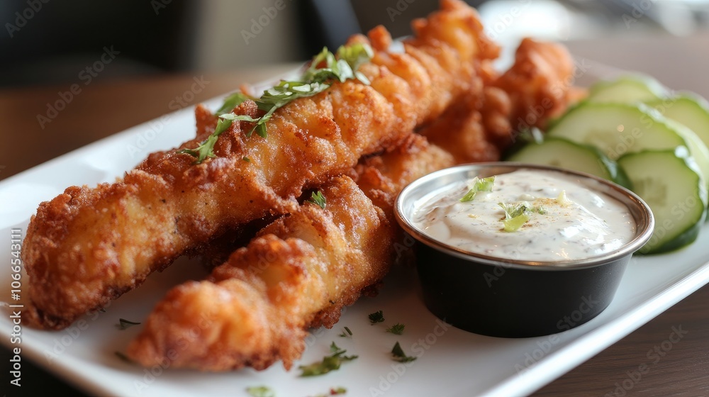 Crispy fish strips accompanied by chunks of acidic cucumber and a creamy dip Crispy fish strips accompanied by chunks of acidic cucumber and a creamy dip