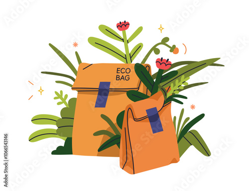 Eco-friendly paper bags with green leaf plants and flowers. Natural kraft pac...