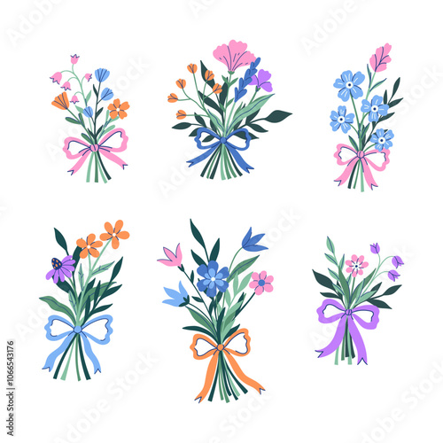 Set of bouquets of flowers tied with ribbons. Vector graphics.