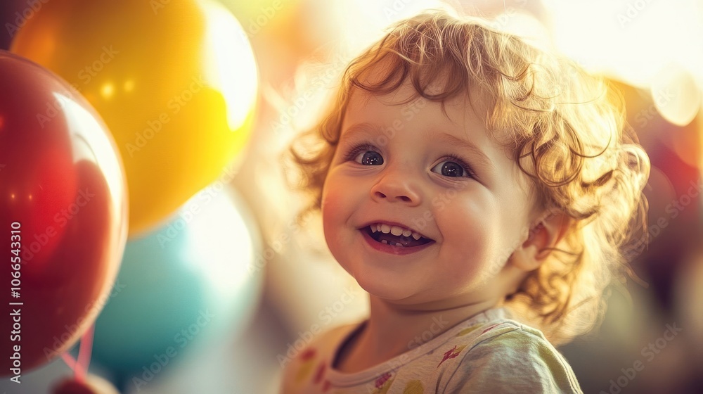 A Happy Little Girl with Curly Hair and Balloons