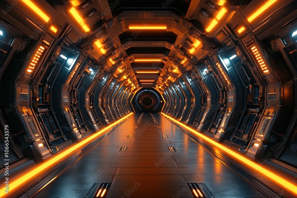 Obraz premium Futuristic Corridor with Orange Lights