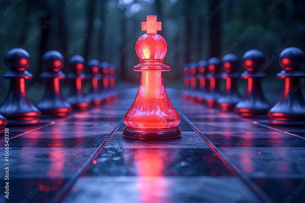 Red Glass Chess Piece Standing Out, Strategy, Game Red Glass Chess Piece Standing Out, Strategy, Game