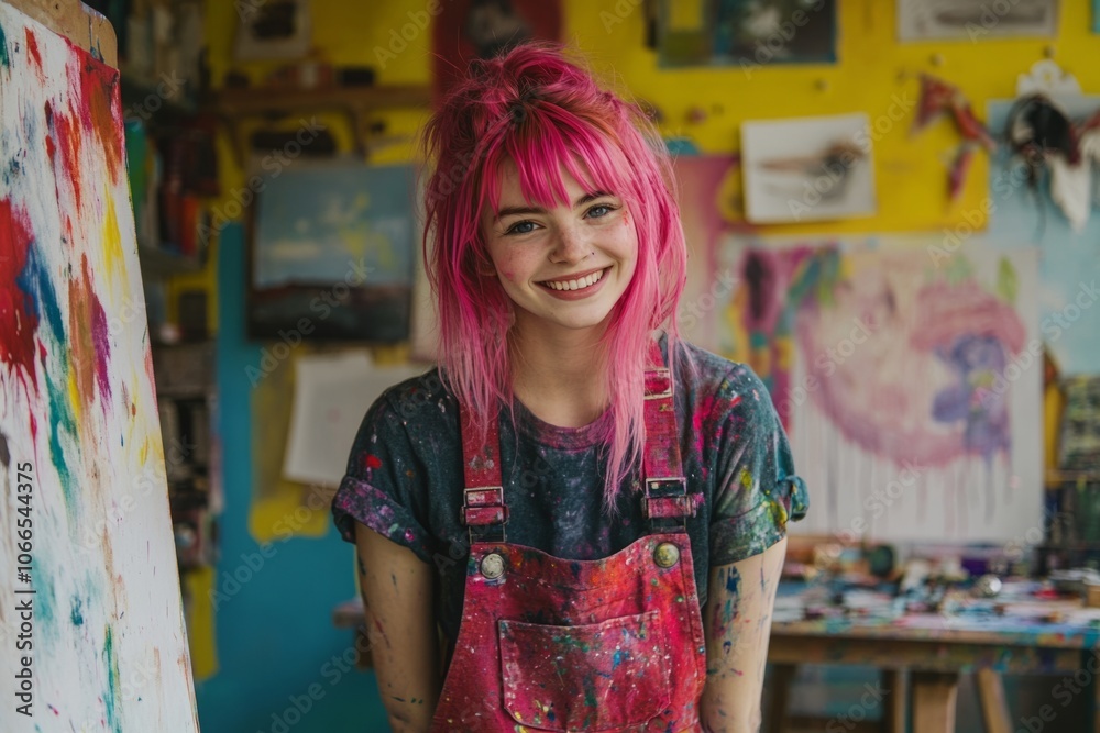 A smiling artist with vibrant pink hair stands in an art studio filled with colorful paintings. The cheerful atmosphere inspires creativity and joy. Generative AI A smiling artist with vibrant pink hair stands in an art studio filled with colorful paintings. The cheerful atmosphere inspires creativity and joy. Generative AI