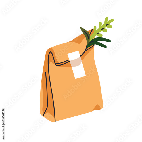 Eco-friendly package with green leaf plant peeking out. Biodegradable kraft p...