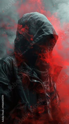 Mysterious Hooded Figure in Red Smoke