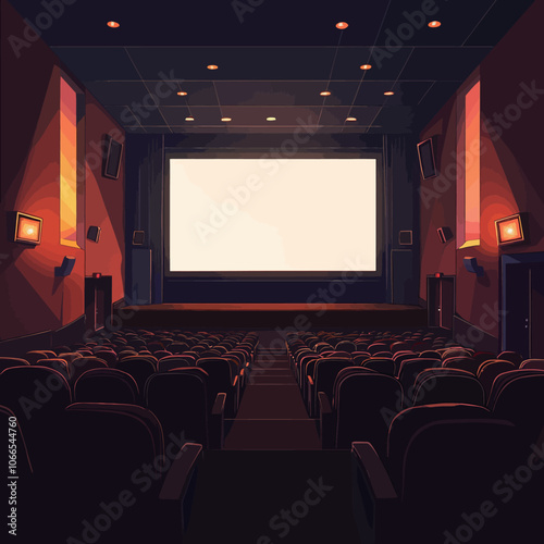Cinema auditorium with seats and blank screen vector illustration. 