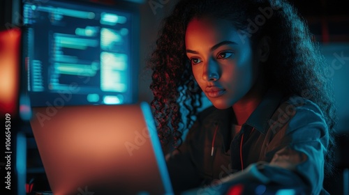 A woman is sitting in front of a computer with her head tilted down