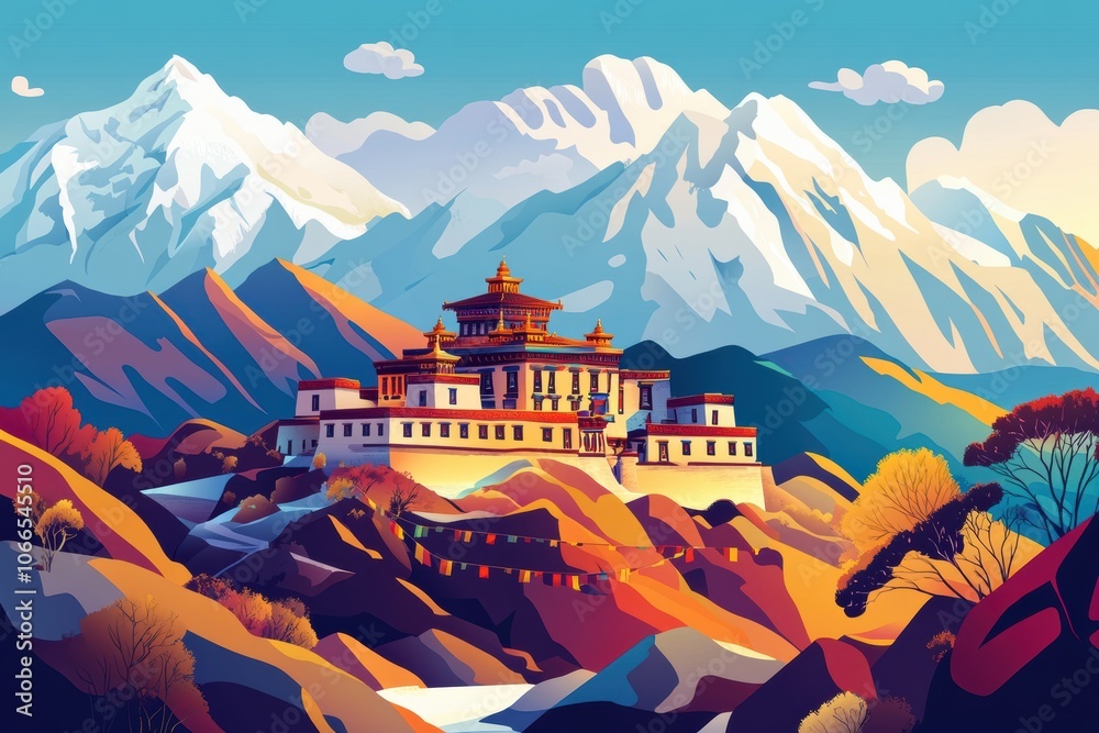 A quiet Tibetan monastery high in the mountains, with monks in saffron robes meditating A quiet Tibetan monastery high in the mountains, with monks in saffron robes meditating