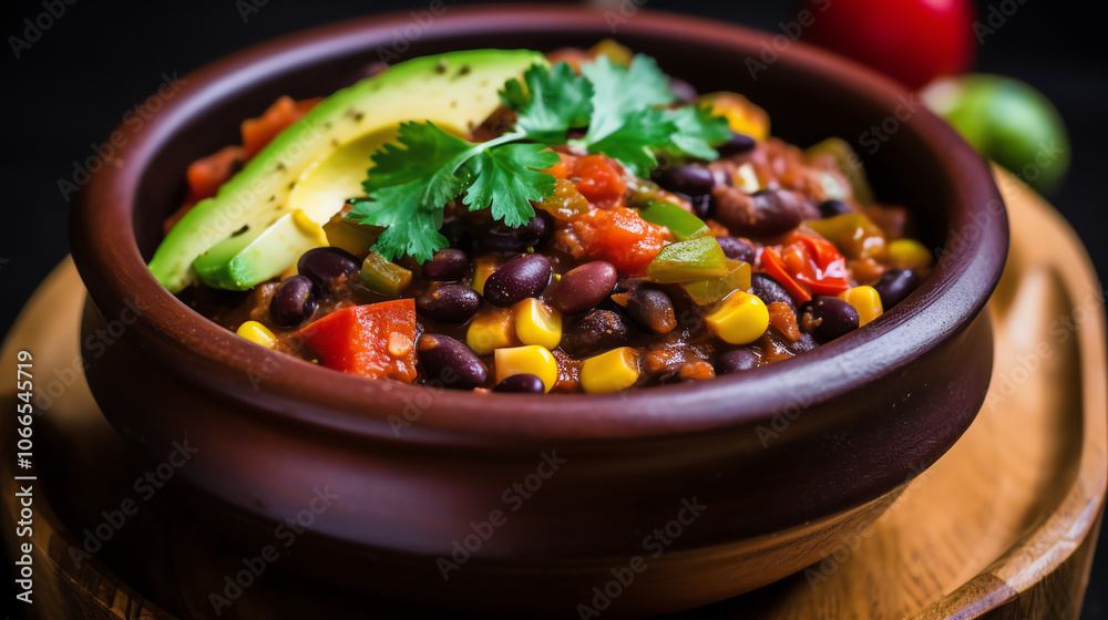 Three bean vegetarian chili with avocado garnish Three bean vegetarian chili with avocado garnish