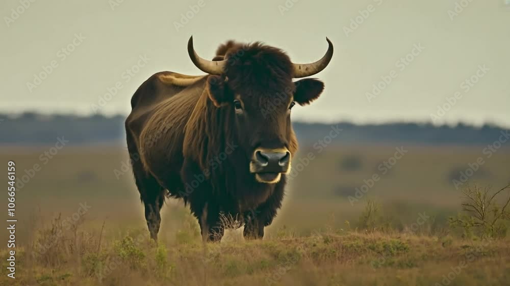 A close-up of a brown bull with horns standing in a grassy field.