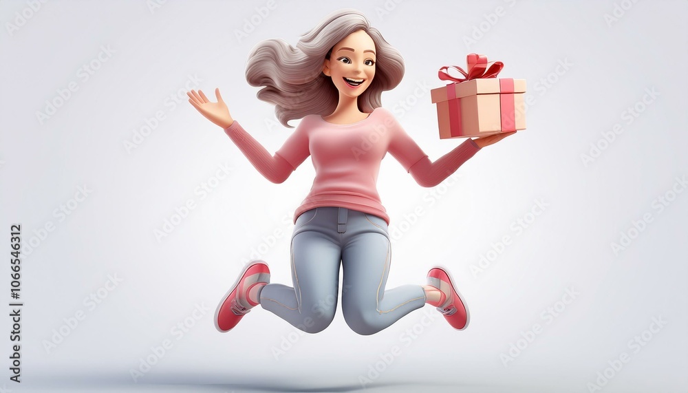 happy woman holds gift box jump, 3D cute character happy woman holds gift box jump, 3D cute character