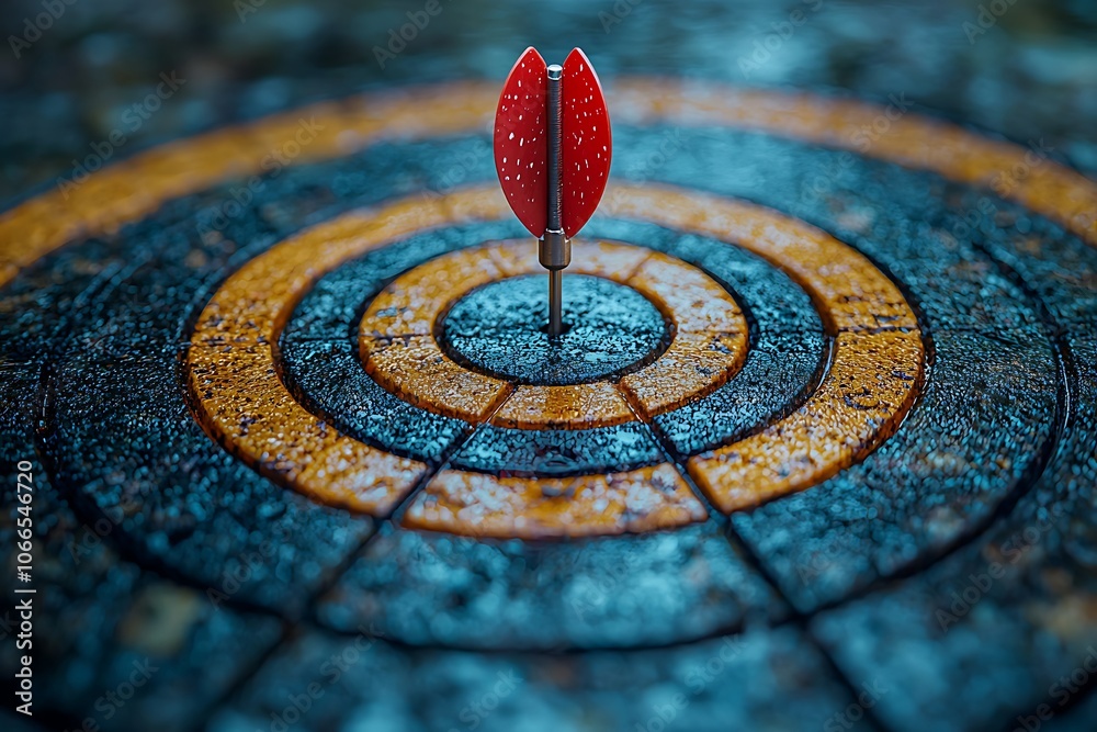 Red Dart Hits Center of Target in Rain: A Symbol of Achievement & Success Red Dart Hits Center of Target in Rain: A Symbol of Achievement & Success