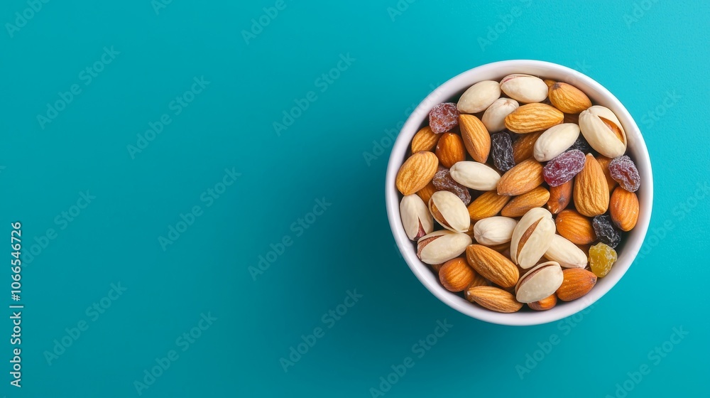 Bowl of Mixed Nuts and Dried Fruits on Turquoise Surface