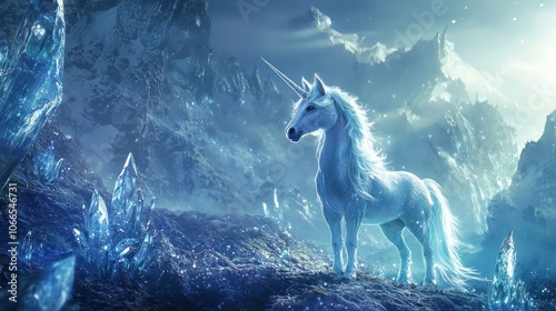 Create a fantastical scene featuring a mystical creature (like a dragon or unicorn) in a blue-hued world, surrounded by shimmering crystals and ethereal landscapes.