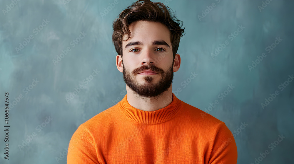 portrait of man in orange sweater, exuding confidence and warmth portrait of man in orange sweater, exuding confidence and warmth