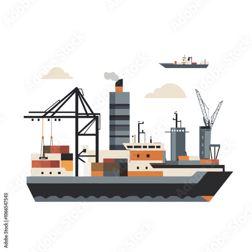 Container ship and crane on the white background. Flat vector illustration. 