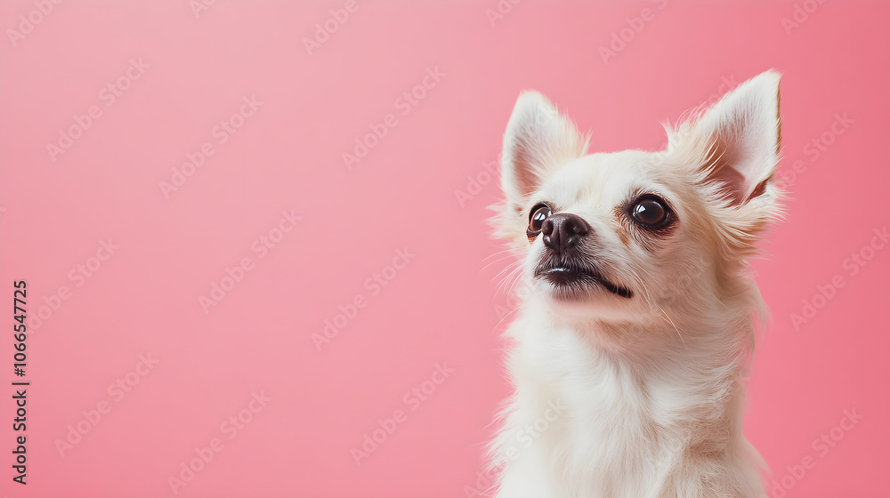 small white dog with curious expression against pink background small white dog with curious expression against pink background