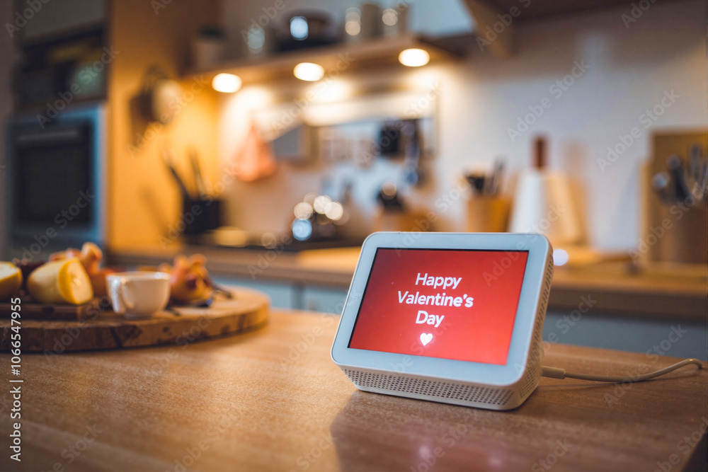 Smart display showing happy valentine's day greeting in cozy kitchen Smart display showing happy valentine's day greeting in cozy kitchen