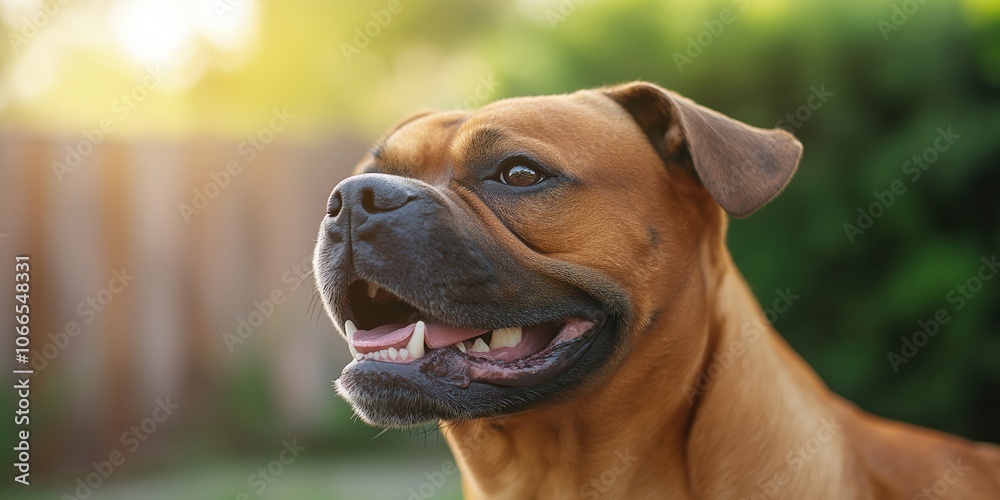 A close-up of an XL bully dog barking, with its mouth open and teeth visible, capturing the power and intensity in its expression A close-up of an XL bully dog barking, with its mouth open and teeth visible, capturing the power and intensity in its expression