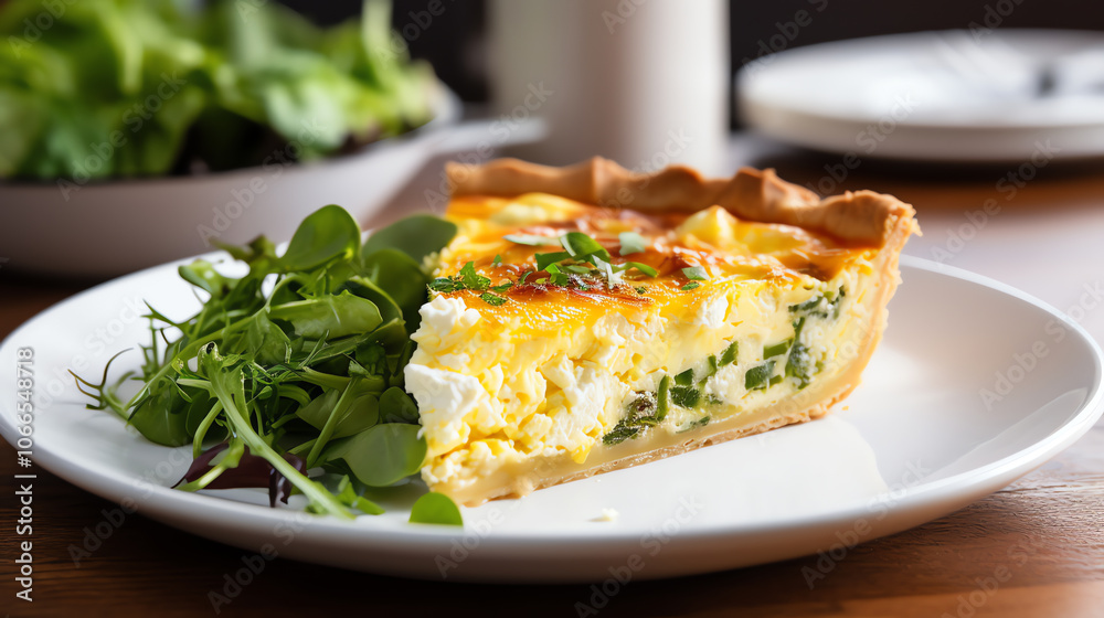 Homestyle quiche slice with mixed greens garnish Homestyle quiche slice with mixed greens garnish