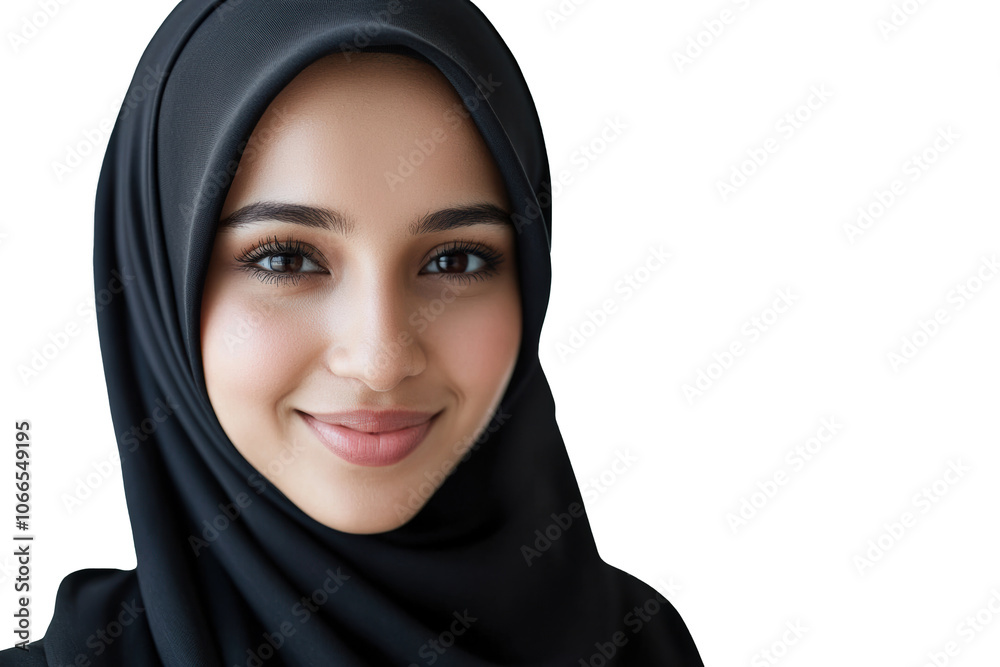 Smiling young woman in black hijab, confident expression, close-up portrait on transparent background Smiling young woman in black hijab, confident expression, close-up portrait on transparent background