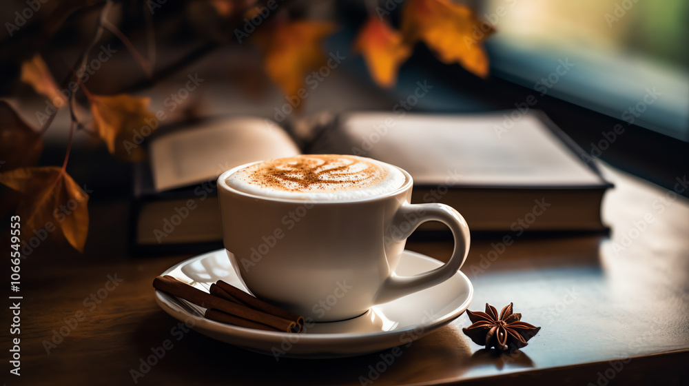 Cozy cappuccino with star anise and autumn leaves