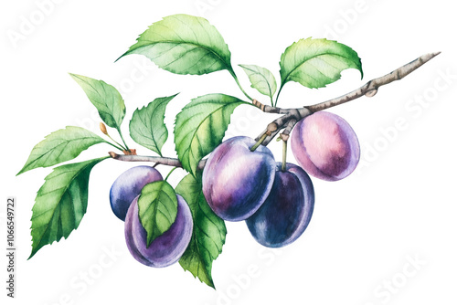 Botanical watercolor illustration with plums on a branch with green leaves. Isolated illustration of plum fruit on a branch. For packaging design, food, drinks and textiles