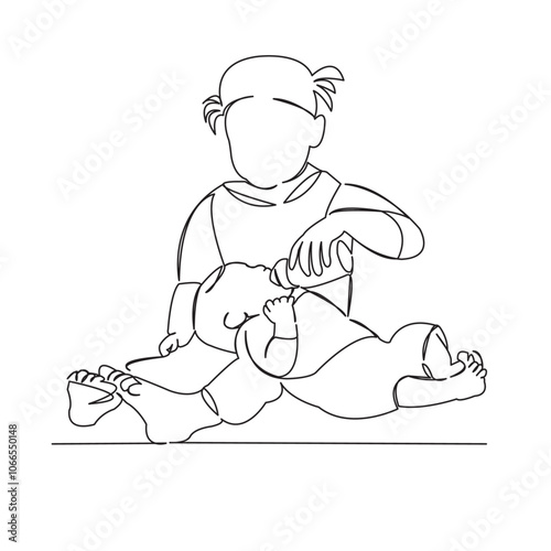 One continuous single drawing line art flat doodle newborn, baby, child, care, food, childhood, love, family, nursing. Isolated image hand draw contour on a white background
