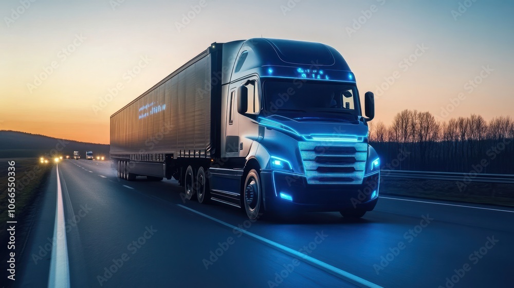 Hydrogen-powered long-haul trucks transporting freight across continents with green fuel cells Hydrogen-powered long-haul trucks transporting freight across continents with green fuel cells