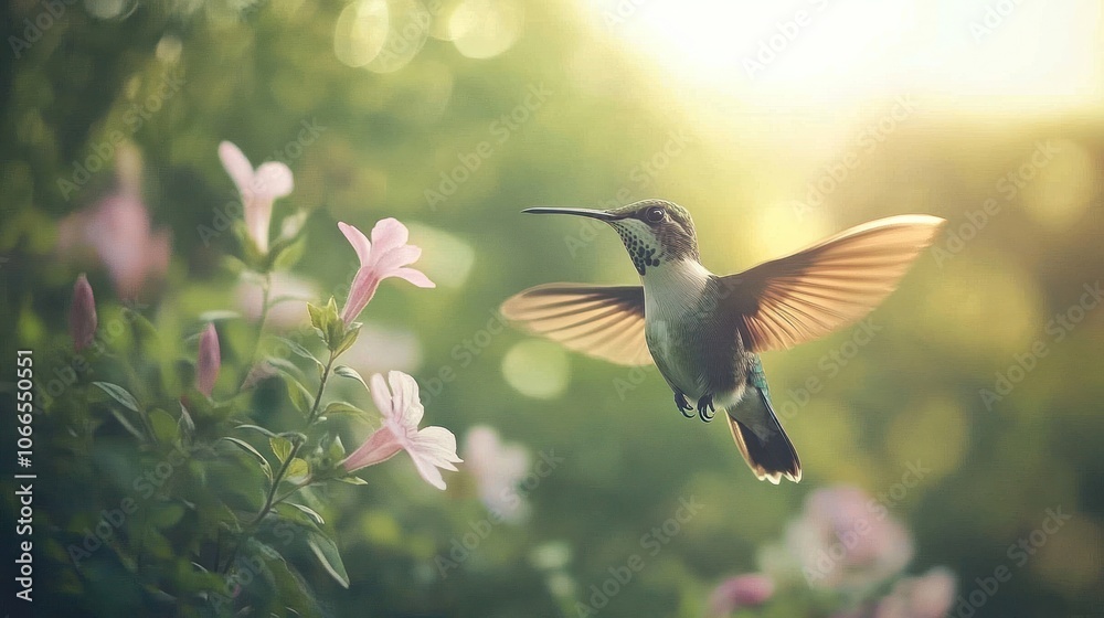 Naklejka premium A Hummingbird in Flight Amidst Pink Flowers and Sunlight