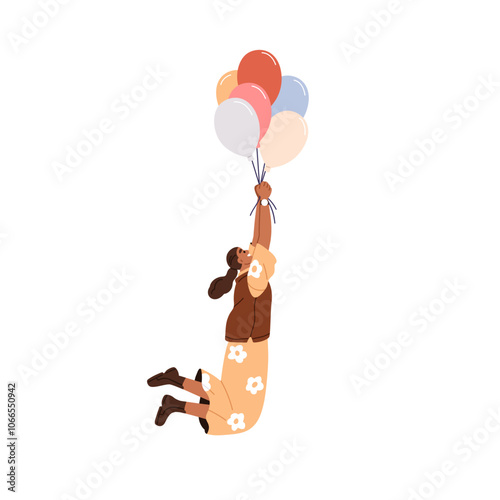 Happy girl holding balloons on string, soaring high in air with joy and fun. ...